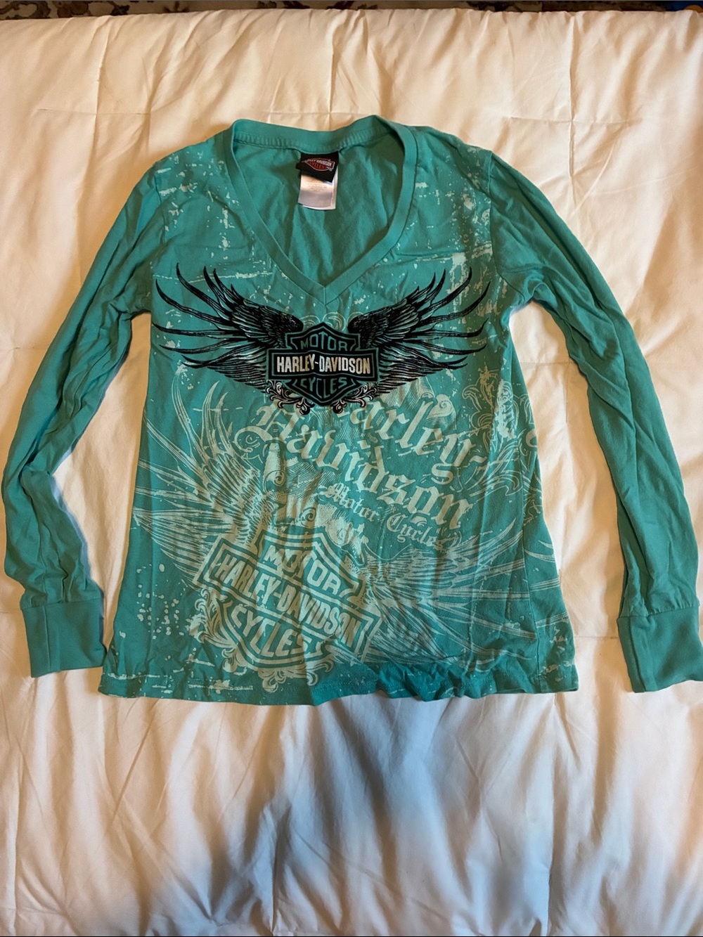 Harley-Davidson Girls' Teal V-Neck Long Sleeve Graphic Tee